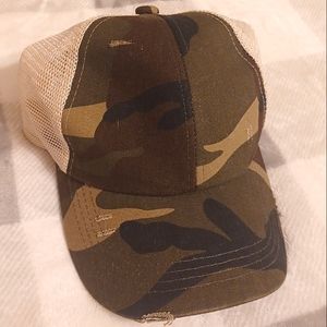 Camo Ponytail Ballcap Hat with Velcro Strap Back Green and Tan